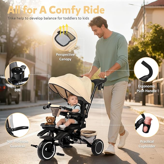 Folding Kids Tricycle, 8 in 1 Baby Trike W/Removable & Adjustable Canopy, Parent Handle, 5-Piont Safety Harness, Toddler Bike Stroller for Kids 1-6 Years, EVA Wheels, Storage Basket, Khaki