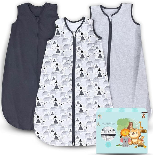 Cute Castle Baby Sleep Sack 12-18 Months - Lightweight 100% Cotton 2-Way Zipper TOG 0.5 Infant Wearable Blanket, Newborn Essentials Toddler Sleep Clothes, 3 Pack(Dark gray, Light gray, Bear)