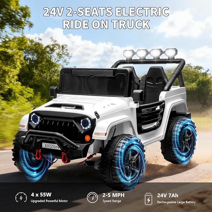 2 Seater Ride on Car Toy for Kids, 24V 4x4 Ride-on Truck, w/Parent Control, Soft Start, 3 Speed, 4-Wheeler Suspension, Bluetooth, LED Lights, Electric Car for Kids Toddler Ages 3-8, White