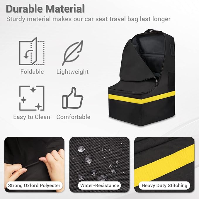 ProFaster Car Seat Travel Bag - Padded, Comfortable, Durable, Roomy Gate Check Carseat Cover Backpack Fits 3-in-1，Convertible, Booster & Infant Car Seats for Airplane, Airport, Yellow