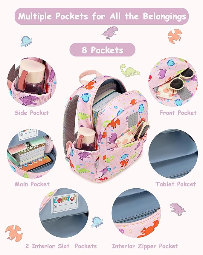 CAMTOP Toddler Backpack for Boys Girls 2-4, Kids Backpacks for Kindergarten Preschool, 12" H Small Bookbag for Daycare Travel (Pink Dinosaur, 12''- Not fit A4 folder)