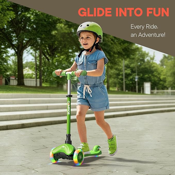 Green Mini 3 Wheel Scooter for Kids – Lean-to-Steer with LED Light-Up Wheels, Adjustable Handlebar, Wide Anti-Slip Deck, Smooth PU Wheels, Rear Foot Brake – Toddler Scooter for Ages 2+