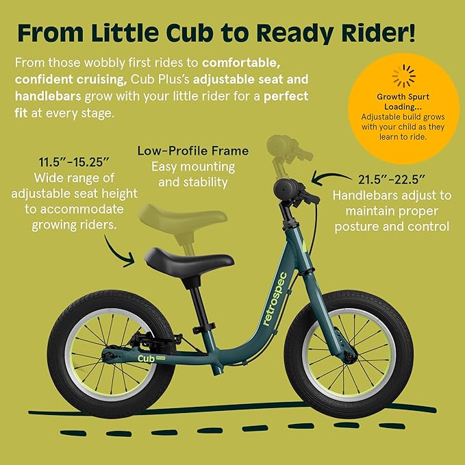 Retrospec Cub Plus Toddler Balance Bike for Boys & Girls Ages 18 Months - 4 Years No Pedals with Lightweight Frame and Adjustable V-Brake, Seat and Handlebar for Kids