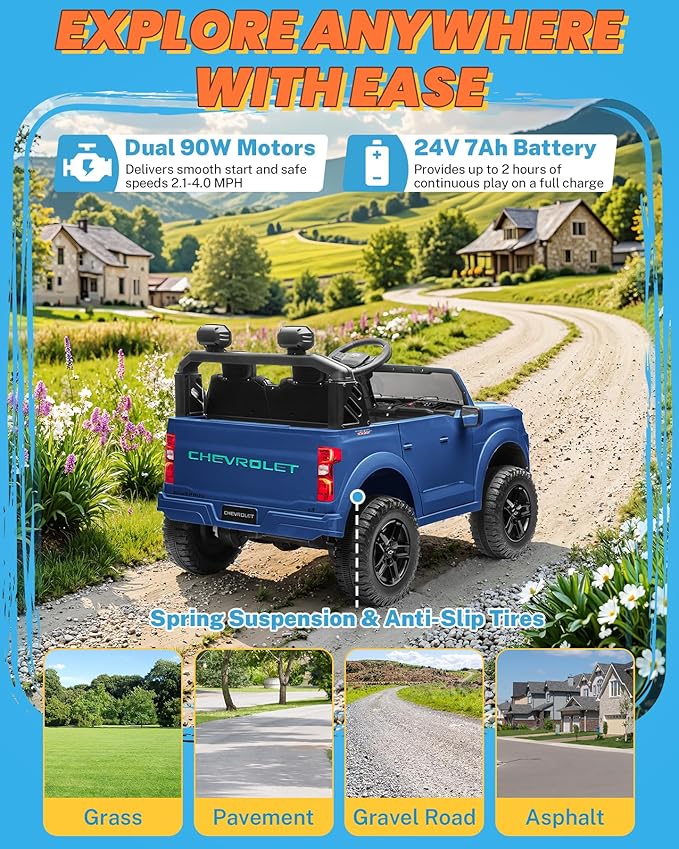 ENYOPRO 24V 2 Seater Ride on Car for Kids, Licensed Chevy Silverado LT Trail Boss Battery Powered Electric Car for Toddlers w/Remote Control, Metal Suspension, Soft Start, Bluetooth, LED Lights (Blue)