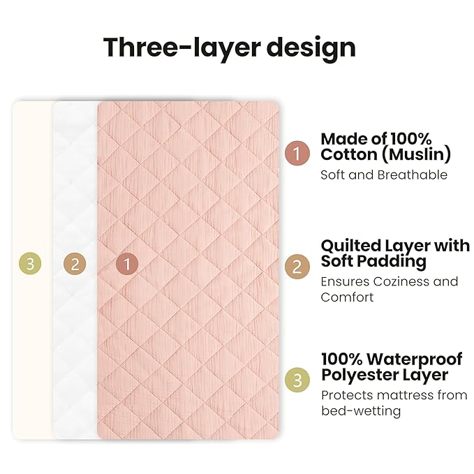 Konssy Waterproof Muslin Changing Pad Cover 2 Pack, Quilted Cotton Fitted Diaper Chang Table Cover, Soft Changing Pad Sheets for Girls Boys (Pink, Cream)