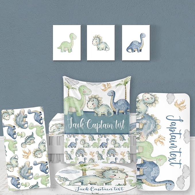 Custom Baby Bedding Set: Personalized Green Blue Dinosaur Bedding, Baby Blanket Fitted Sheet Changing Cover Nursery Rug Gift Idea Room Decor