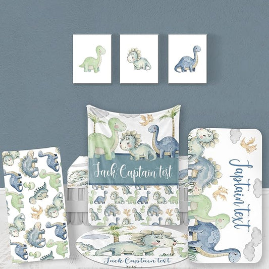 Custom Baby Bedding Set: Personalized Green Blue Dinosaur Bedding, Baby Blanket Fitted Sheet Changing Cover Nursery Rug Gift Idea Room Decor
