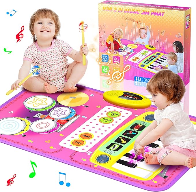 2-in-1 Musical Mat Toys for 1 2 3 4 5 Year Old, Piano Keyboard & Drum Set with 2 Drum Sticks, Early Educational Musical Learning Toys Birthday for 1 2 3 4 5 Year Old Girls & Boys, Pink