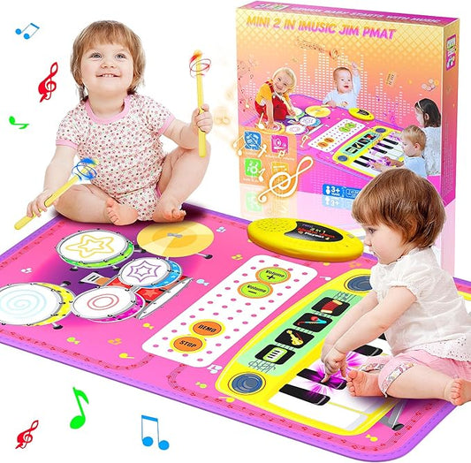 2-in-1 Musical Mat Toys for 1 2 3 4 5 Year Old, Piano Keyboard & Drum Set with 2 Drum Sticks, Early Educational Musical Learning Toys Birthday for 1 2 3 4 5 Year Old Girls & Boys, Pink
