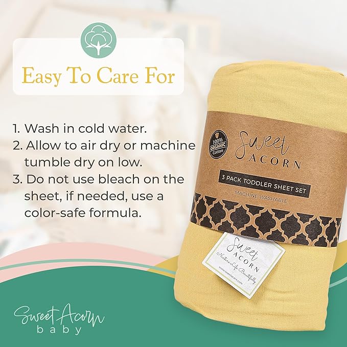 3 Piece Toddler Bedding Sets - Organic Cotton Jersey Knit - Fits Convertible Cribs and Mattresses - 9" x 28" x 52" - Butter Yellow