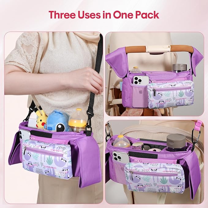 Universal Stroller Organizer with Insulated Cup Holders and Detachable Phone Bag,Stroller Caddy Fits for Stroller Accessories like Uppababy, Baby Jogger, Doona, Nuna Stroller (Purple Sloth)