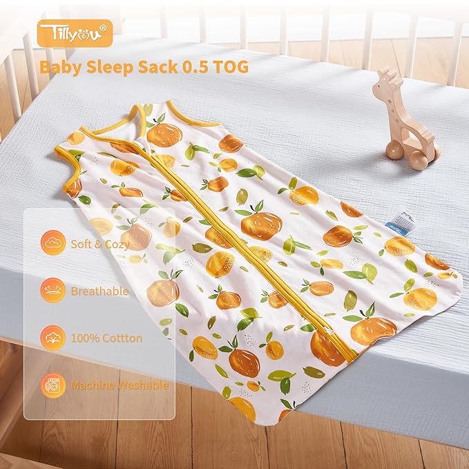 TILLYOU 2 Pack Baby Sleep Sack 6-12 Months 100% Cotton Wearable Blanket 0.5 TOG Sleeveless Summer Sleep Sacks with 2-Way Zipper, Orange Flavour & Orange