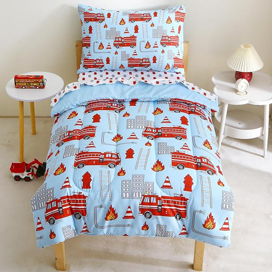 Mooreeke 4 Pieces Toddler Bedding Set - Fire Truck Blue Toddler Comforter Sets for Boys, Includes Comforter, Flat Sheet, Fitted Sheet and Pillowcase, Bed in A Bag for Baby Bedroom