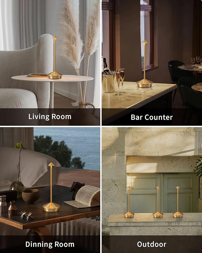 NEWSEE Modern Cordless Table Lamp Set of 2, Portable LED Desk Lamps, 5000mAh Rechargeable Battery Operated Lighting for Bedroom Dining Room Restaurant Coffee Shop Camping Night Light (Gold)