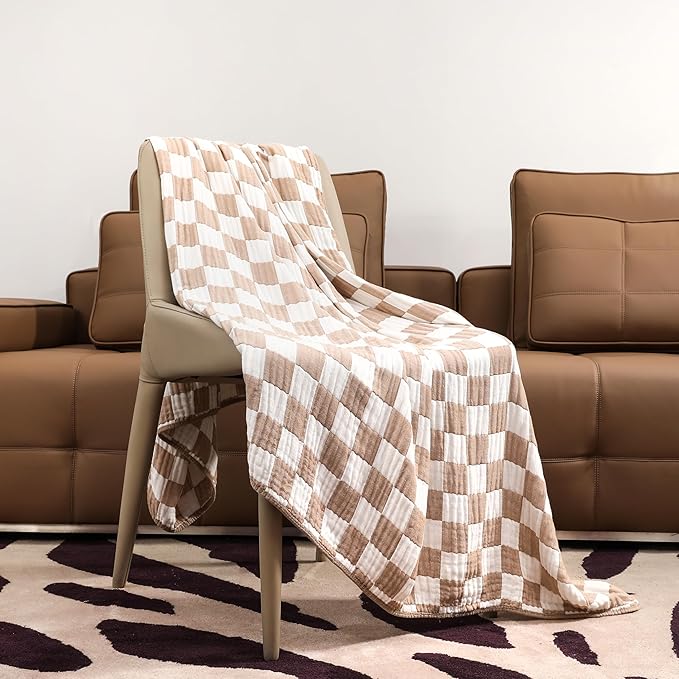 6-Layer Muslin Toddler Blanket - Made with Organic Cotton, Large 50x60 Crib Quilt & Bedding for Kids & Moms (Coffee Checkered)