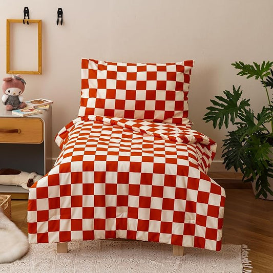 KAREVER Grid Toddler Bedding Set Orange White Checkered 4 Pieces Crib Bed Set Kids Pliad Comforter Set