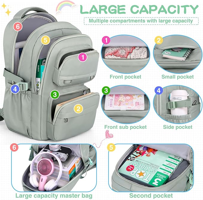 KBTYE School Backpack for Kids Girls Cute Travel Backapck for College Women Men Casual Laptop Bookbag for Teen Student(Green)