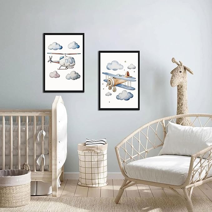 Baby Boy Nursery Wall Art Set of 3, Vintage Blue Travel Boys Room Wall Decor Paintings, Toddler Hot Air Balloon Plane Helicopter Posters Prints Pictures for Kids Room Bedroom 12x16 Inch Wood Framed