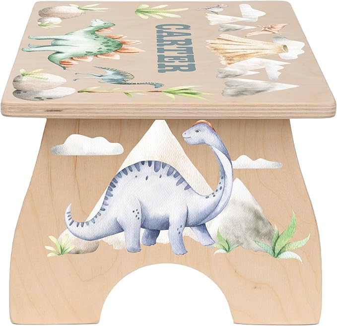 Dinosaur Step Stool for Toddlers- Personalized Wood Kids Step Stool with Name for Kitchen Sink, Bathroom, Potty Training, Kitchen Sink- Sturdy and Safe- Made in USA by BloomOwl (Dinosaur- Watercolor)
