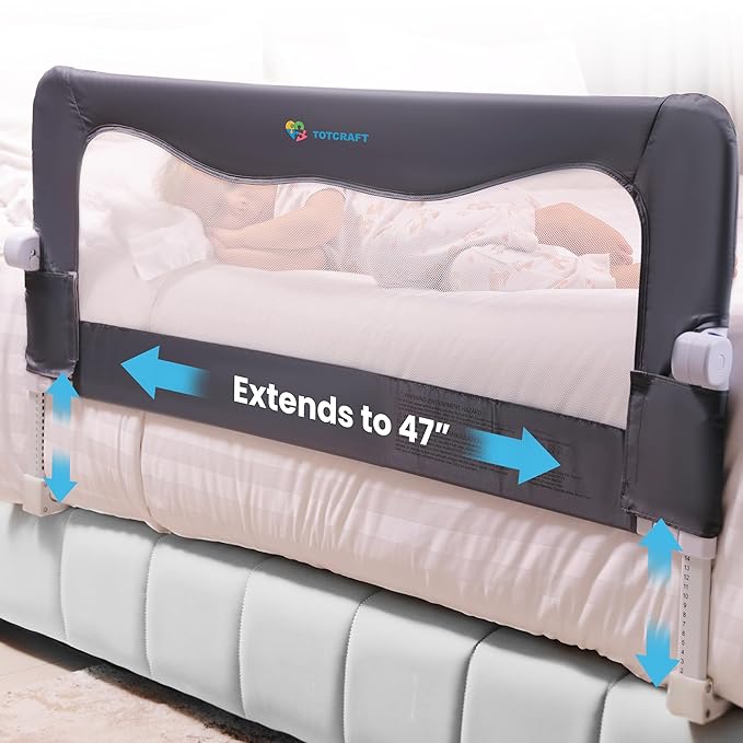 TotCraft MiniFlex Adjustable Length & Height Bed Rail for Toddlers – Fits Twin, Full & Queen Beds – 35.5″ or 47″ Two Fixed Lengths – 14 Height Levels – ASTM Certified Toddler Bed Rail for Kids (Grey)