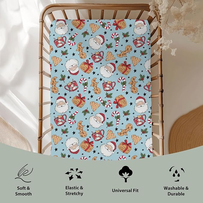 Sweet Christmas Blue Baby Crib Sheets for Boy Girl 52x28 Santa Claus Cherry Fir Candy Soft Snug Fitted Crib Mattress Cover Winter Holiday Festival Baby Sheet for Standard Crib & Toddler Bed Mattress