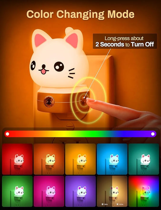 Cat Night Lights Plug Into Wall [2 Pack], Cute Night Light for Kids, 8-Color RGB LED Night Light, Nightlight with Dusk to Dawn Sensor for Kids Room, Bathroom, Bedroom Décor, Children Christmas Gift
