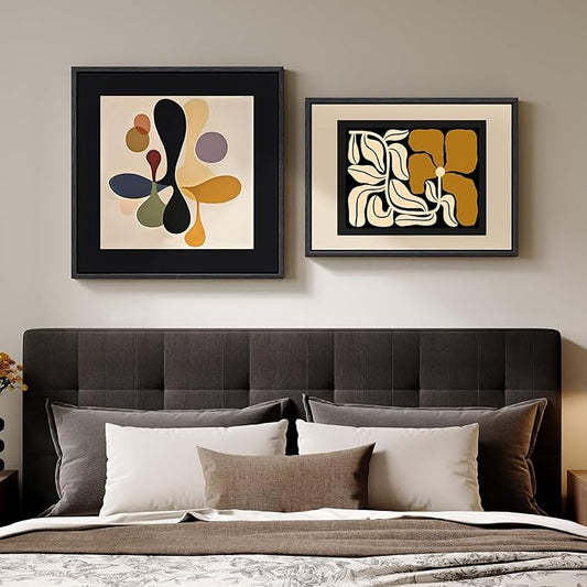 Framed Abstract Boho Bedroom Wall Art Set of 2, Neutral Black Floral Canvas Artwork for Walls, Mid Century Modern Design Art Paintings Prints for Living Room Bedroom Hallway Kitchen, 24x24 & 24x18 In