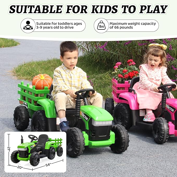 TOBBI Kids Electric Toy Tractor, 12V Battery-Powered Toddlers Ride On Car to Drive, Motorized Trailer Vehicle with 35W Dual Motor/6-Wheels/3-Speeds/LED & Horn Functions for Chirdren Aged 3-6-Green