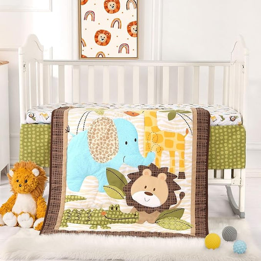 Wowelife Safari Crib Bedding Set, Mini Crib Bedding Set Boy. 3-Piece Mini Crib Comforter Set Nursery Bedding Sets for Boys Include Crib Comforter, Skirt and Sheet, Brown