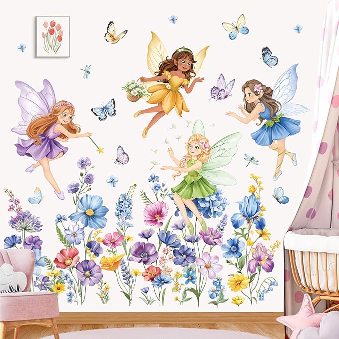 decalmile Purple Flower Fairy Wall Stickers Watercolor Floral Butterfly Elf Wall Decals Baby Nursery Bedroom Girls Room Home Decor