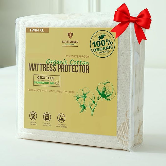 Waterproof Organic Mattress Protector Twin XL – Soft Organic Cotton Top – Noiseless & Breathable 250 GSM Pad Cover – Deep Pocket Fitted Design