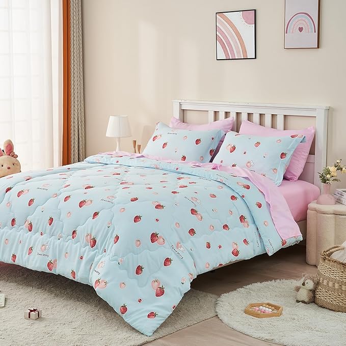 Wajade Kids Strawberry Comforter Set Bed in A Bag Full Size 7 Piece Blue 3D Cute Strawberry Fruit Bedding Set for Girls Boys (1 Comforter, 1 Flat Sheet, 1 Fitted Sheet, 2 Pillowcase and 2 Pillow Sham)