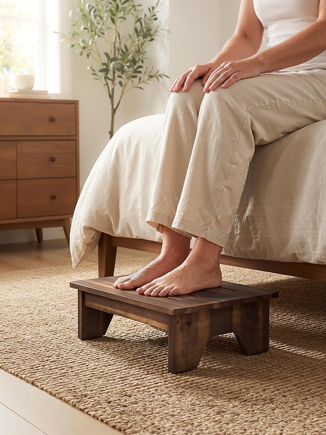 Holana Acacia Wood One Step Stool for Adults - 300 Lbs Wooden Step Stools Heavy Duty for High Bed Riser, Bathroom, Bedroom - Small Stepping Stool for Elderly, Seniors, Kids (Walnut, 6in H)