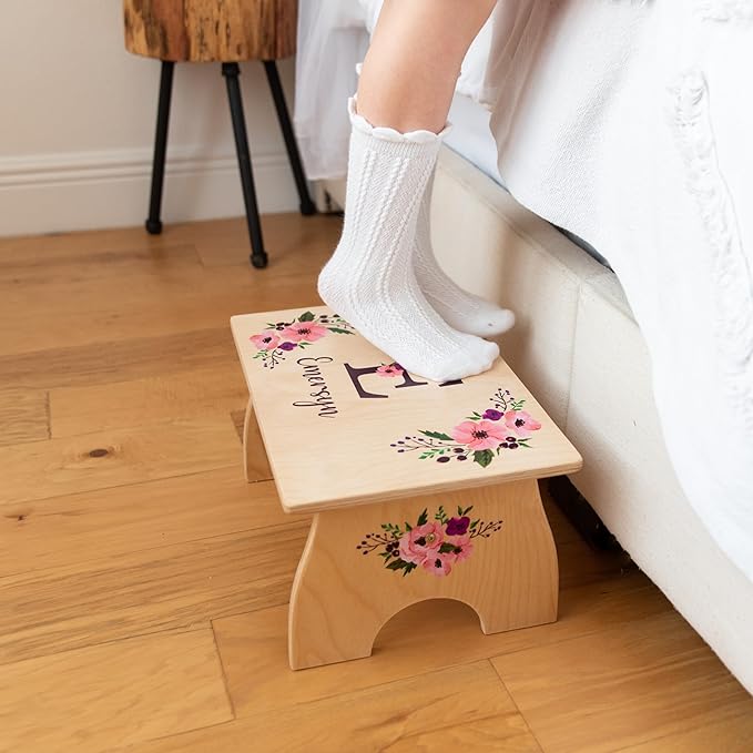 Daisy Step Stool for Toddlers- Personalized Wood Kids Step Stool with Name for Kitchen Sink, Bathroom, Potty Training, Toilet, Kitchen Sink- Sturdy and Safe- Made in USA by BloomOwl (Daisy)