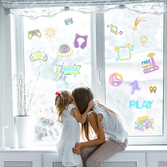 Neon Gaming Wall Stickers for Kids, Neon Gamer Wall Stickers for Children Room, Neon Video Game Character Removable Stickers for Baby Kids Nursery Girls Bedroom Living Room Playroom Wall Decoration