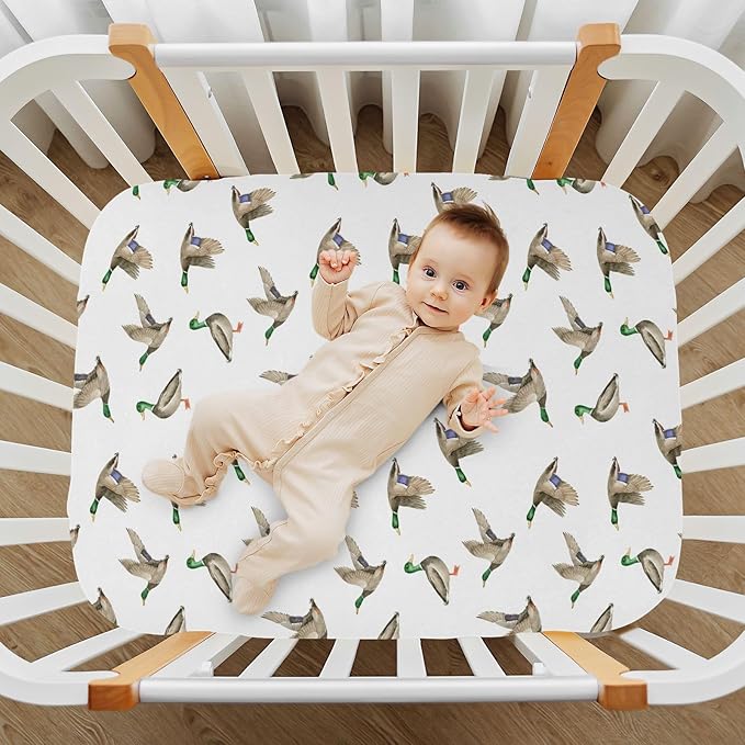 Fitted Crib Sheets for Baby Boys or Girls Soft Breathable Baby Play Yard Sheet for Standard Size Crib Mattress 52x28in Birds Wild Ducks Drake on White Background
