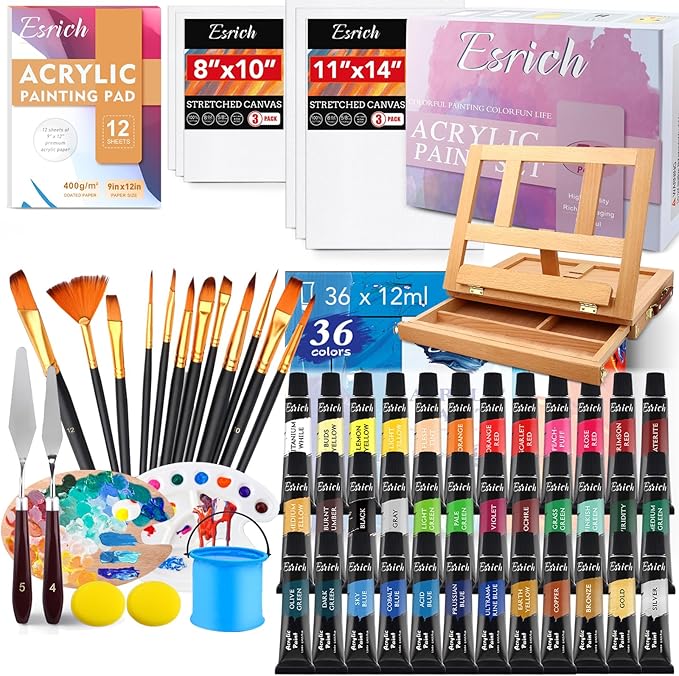 ESRICH Acrylic Paint Set, 74 PCS Professional Paint Supplies with Paint Brushes, Wooden Tabletop Easel, Canvases, Painting Pads, Palette, Paint Knives, Brush Cup and Art Sponge for Hobbyists Beginners