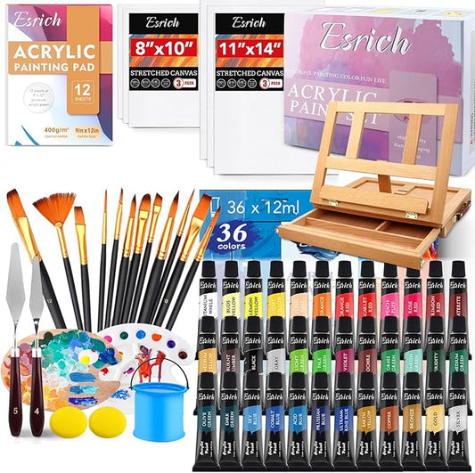 ESRICH Acrylic Paint Set, 74 PCS Professional Paint Supplies with Paint Brushes, Wooden Tabletop Easel, Canvases, Painting Pads, Palette, Paint Knives, Brush Cup and Art Sponge for Hobbyists Beginners