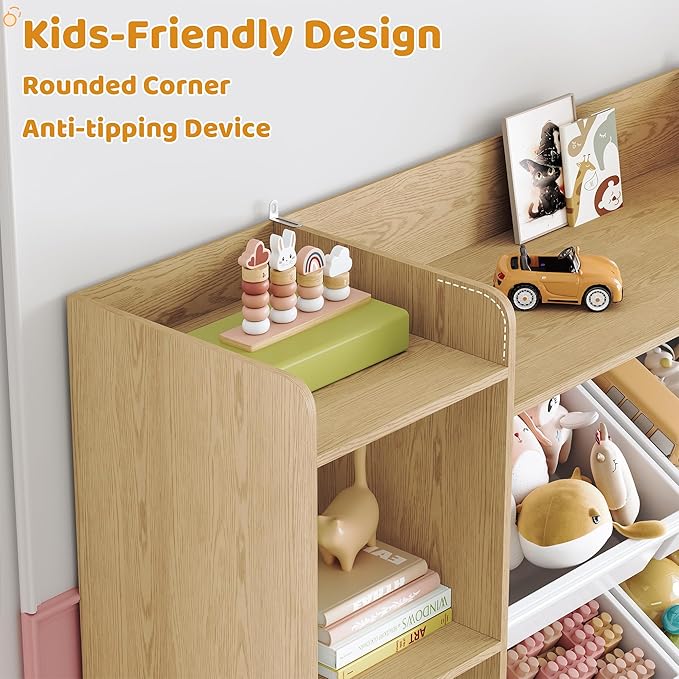 LULUBEAR Toy Storage Organizer, Toy Organizer with 4 Movable Drawers and 4 Box Bins, Kids Playroom Storage Organization with Hidden Wheels for Living Room, Kids Room, Natural