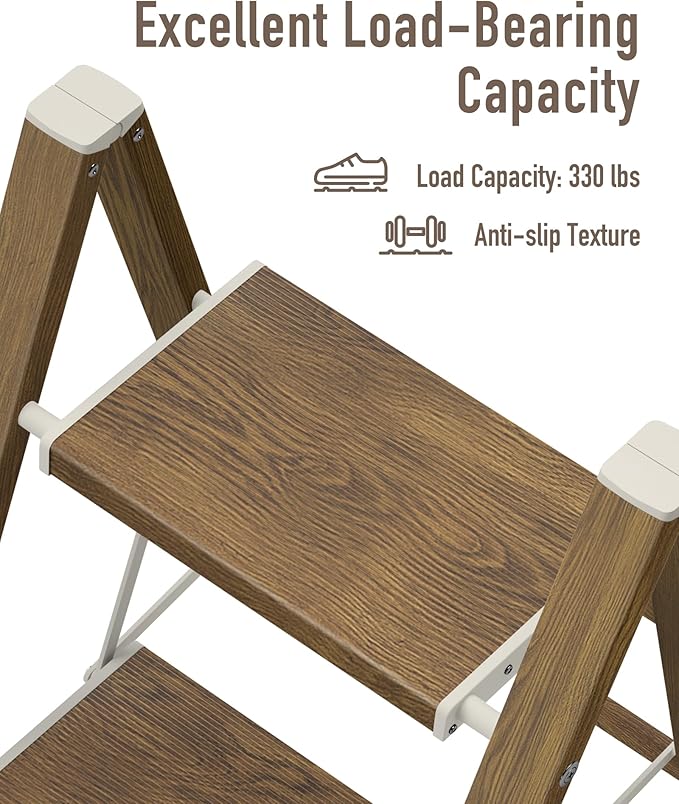 Mayi Plus 2 Step Ladder,Aluminum Folding Step Stool for Adults,Step Ladder with Wide Anti-Slip Pedal,330 lbs Capacity for Home,Kitchen,Library,Office(Cherry Woodgrain