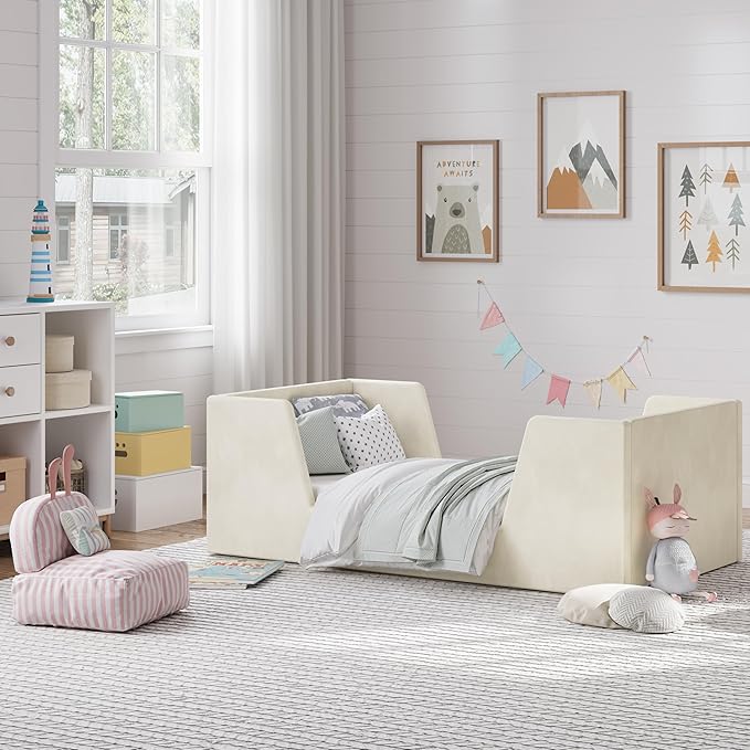 Toddler Bed, Toddler Floor Bed Frame with Guard Rails, Kids Bed for Ages 2-6 Years, Certified Fabric