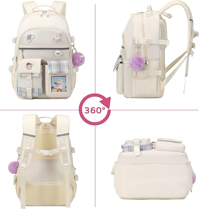 KIDNUO Backpack for Girls, 15.6 Inch Laptop School Bag Kids Kindergarten Elementary College Backpacks Large Bookbags for Teen Girl Women Students Casual Travel Daypacks (Beige)
