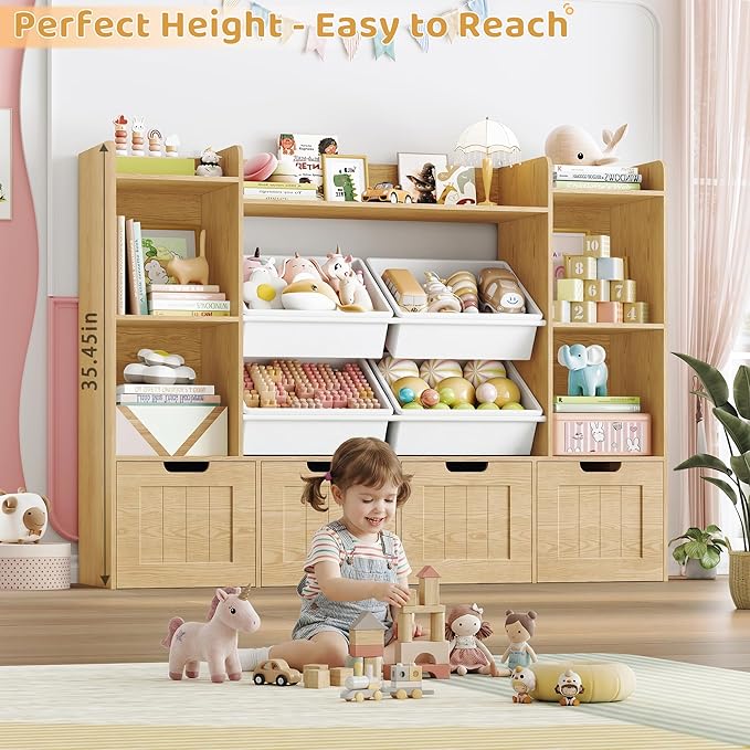 LULUBEAR Toy Storage Organizer, Toy Organizer with 4 Movable Drawers and 4 Box Bins, Kids Playroom Storage Organization with Hidden Wheels for Living Room, Kids Room, Natural