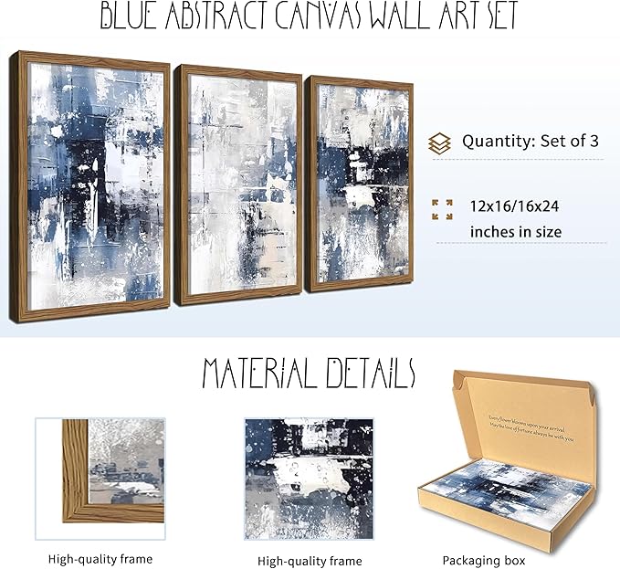 Blue Abstract Wall Art Set of 3, White and Blue Abstract Canvas Wall Decor Paintings, Modern Neutral Minimalist Posters Prints Pictures for Living Room Bedroom Office Home Decor 16x24 Inch Wood Framed