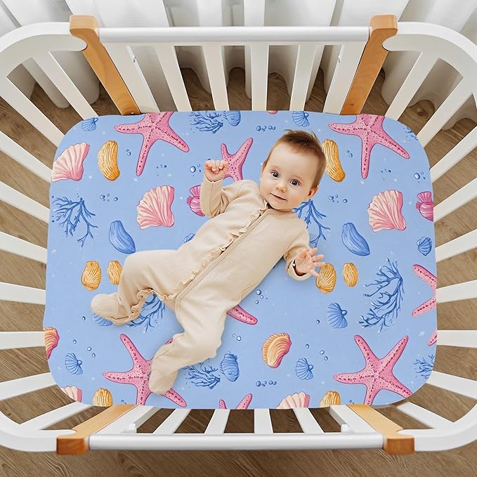 Baby Crib Sheets Fitted Crib Sheet Standard Crib and Toddler Mattress for Boys Girls 39 * 27in Pink Starfish Shell Pattern (Pink Starfish Shell Pattern, Small)