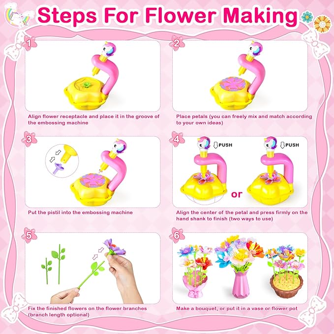 Osllate DIY Arts and Crafts for Kids Flower Toys with Lighted vase, Upgraded Unicornous Design Fabric Bouquet Craft Kits for Kids Toys for Girls Christmas Birthday for 3-12+ Year Old, Pink