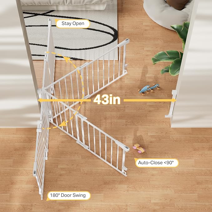 Cumbor 34" Extra Tall No Bottom Bar Baby Gate for Stairs, Wall Mounted Dog Gate Indoor for Larger Pets, Expandable 29.2-43" Safety Gate for Doorways, Wide Walk Thru Door for Easy Access (White)