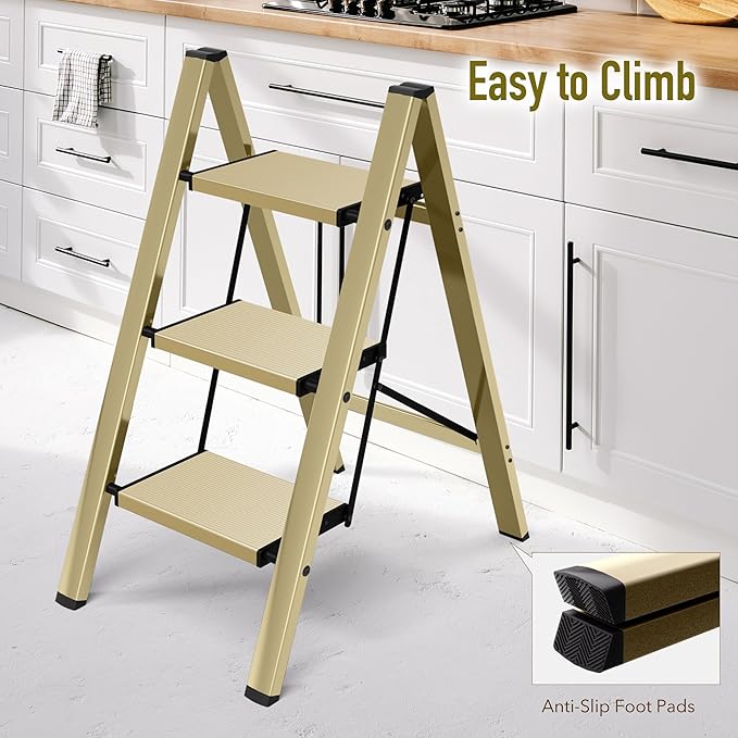 Mayi Plus 3 Step Ladder,Aluminum Folding Step Stool for Adults,Step Ladder with Wide Anti-Slip Pedal,330 lbs Capacity for Home,Office,Kitchen,Library(Gold)