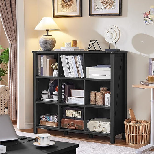 Joaxswe 9 Cube Bookcase, Farmhouse 47 Inch Wide Black Bookshelf, Wooden 3 Tier Display Large Open Book Shelf, Vintage Horizontal Book Case for Home Office, Cubby Storage Cabinet for Living Room