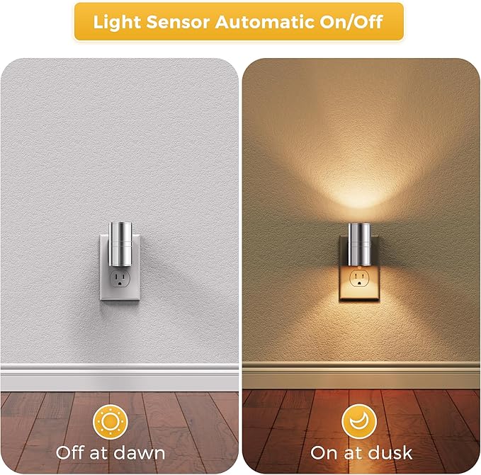 L LOHAS LED Night Light, Night Lights Plug into Wall, 1-Pack, Smooth Silver Glossy Plating Metal-Shade Nightlight, Light Sensor, Soft White 3000K, Dimmable Night Light Plug in for Hallway Bedroom